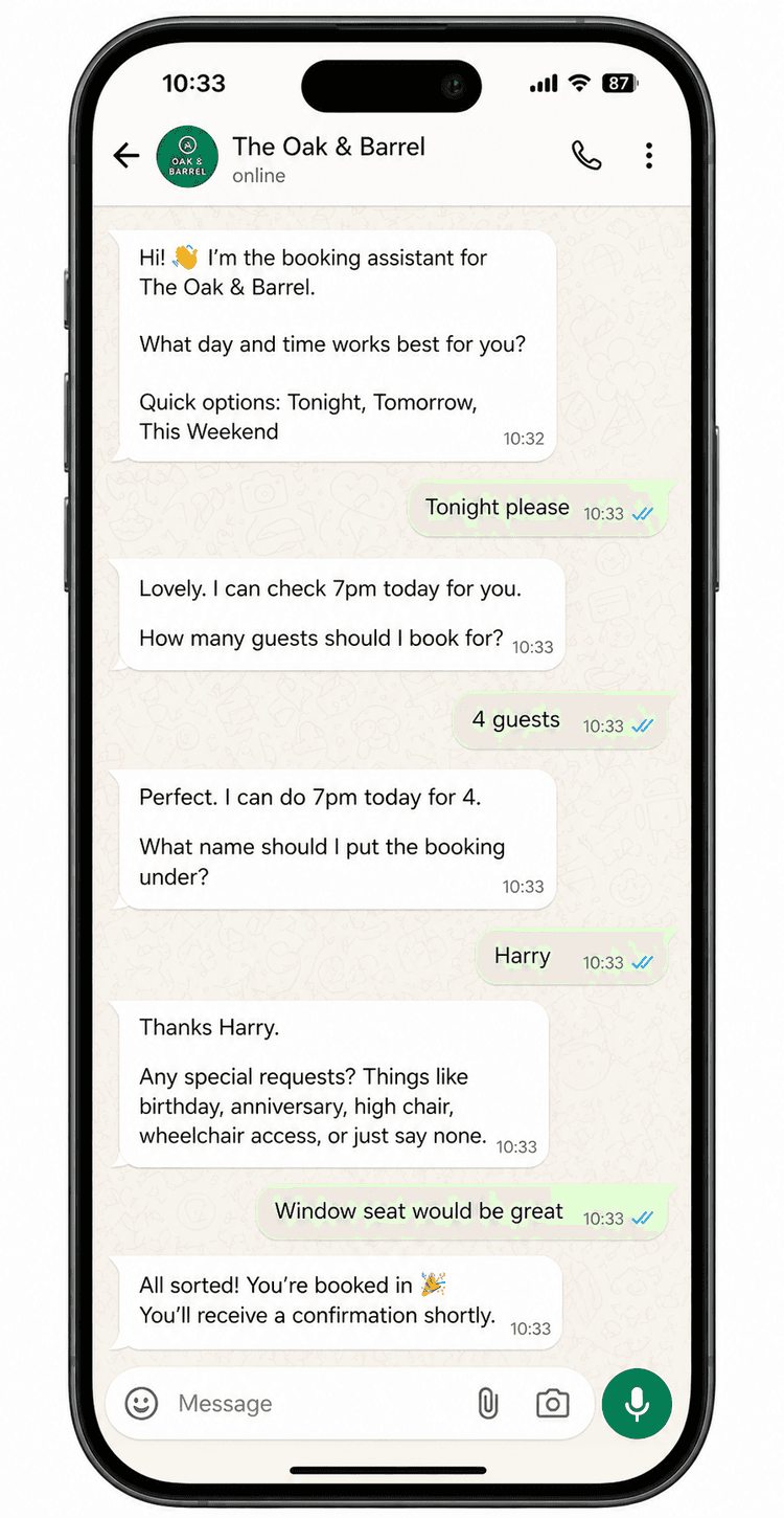 WhatsApp booking flow on phone